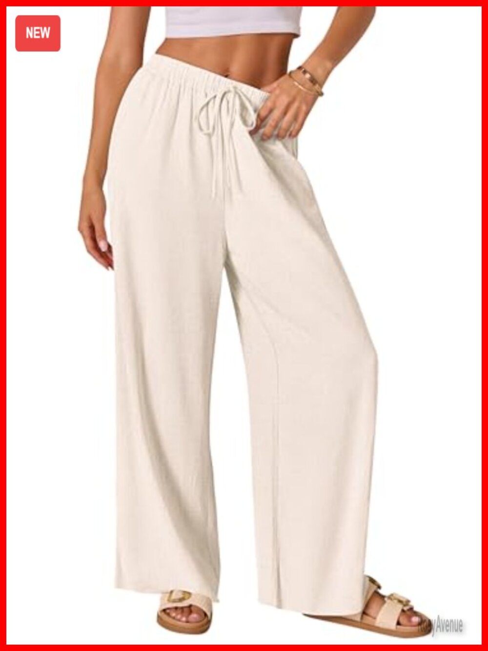 Women's Cotton Linen Palazzo Pants Drawstring Elastic Waist Wide Leg Long